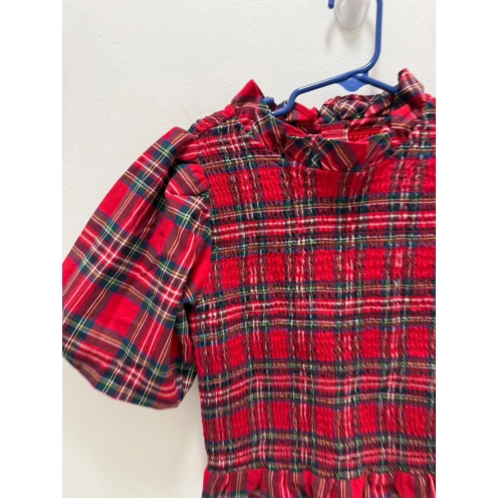 Janie and Jack Girls Red Plaid Tartan Smocked Top Puff Sleeve Holiday Size 8